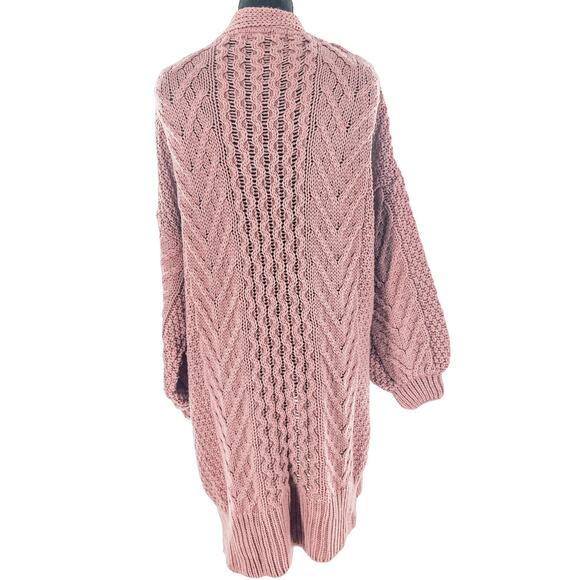 Topshop Women’s Chunky Cable Knit Long Open Front Cardigan Pink Rose Size 8 - Picture 4 of 16